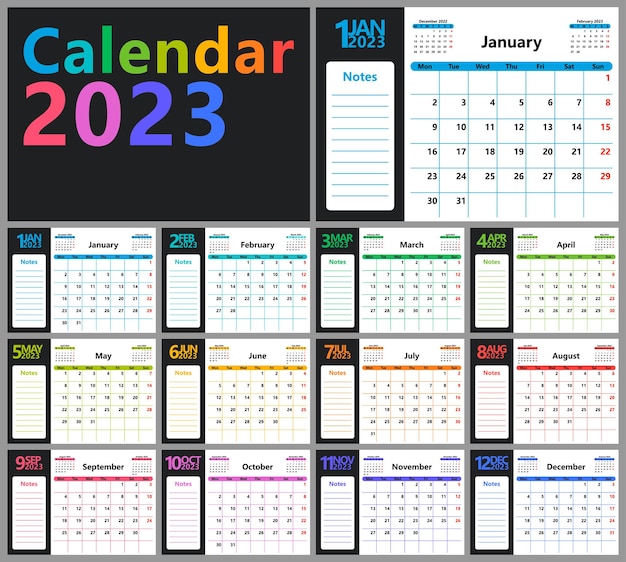 Vetor um planejador de calendário brilhante para 2023 com mês de cores diferentes e campo para modelo básico de notas
