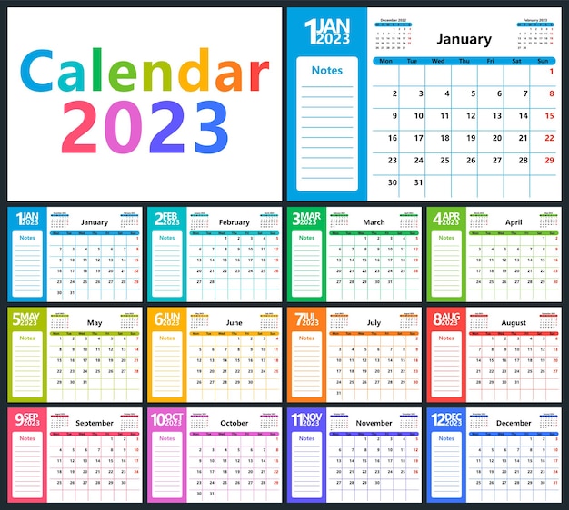 Vetor um planejador de calendário brilhante para 2023 com meses de cores diferentes e um campo para anotações