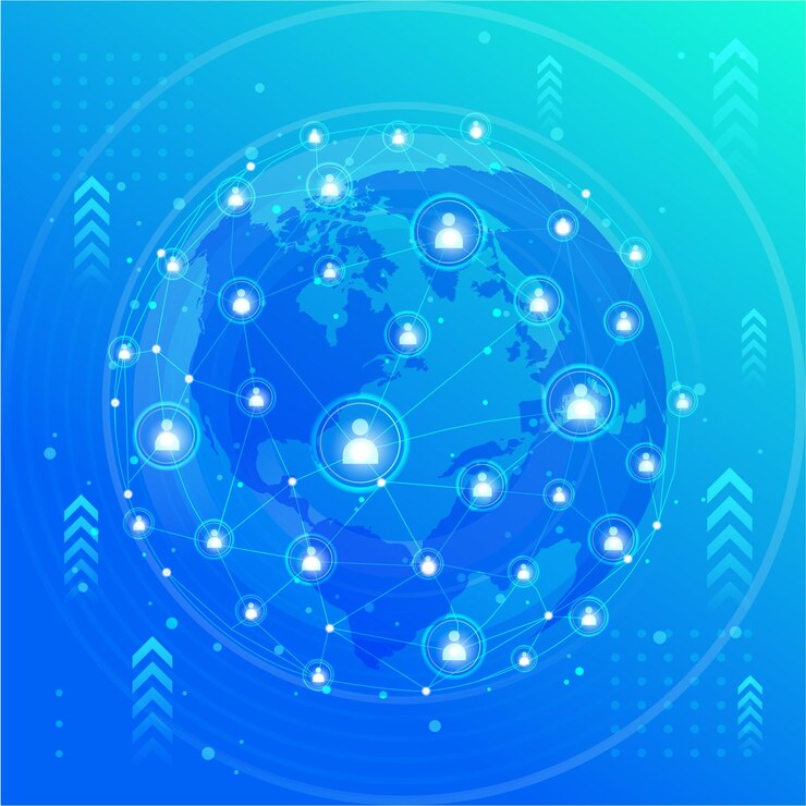 Vetor um planeta azul com o mapa do mundo em um vetor de fundo azul