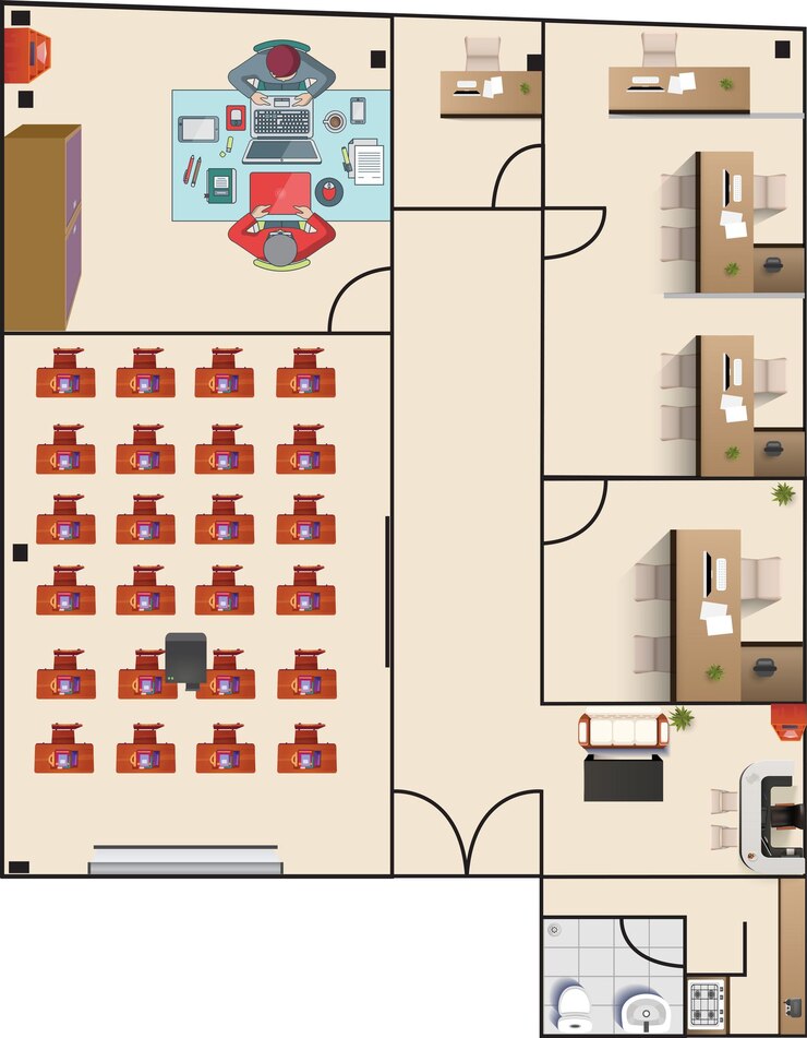 Vetor um plano arquitetônico 2d de um espaço de escritório diferente com layout de móveis
