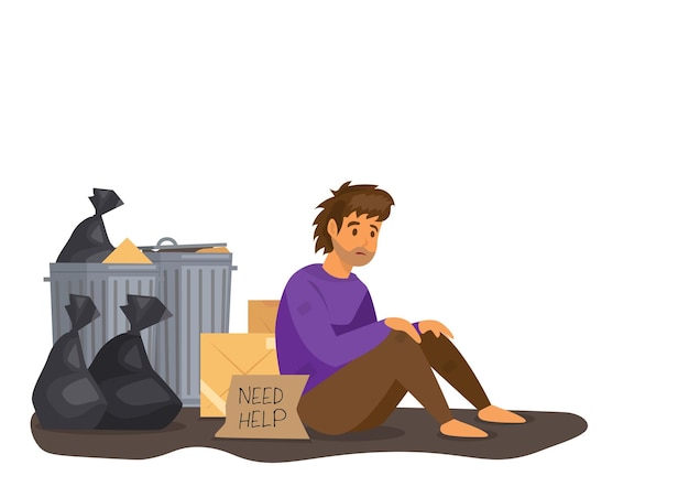 Um pobre sem-teto sentado no chão perto de um lixo pode precisar de ajuda de outros seres humanos juntos ilustração do vetor de desenho animado estilo plano