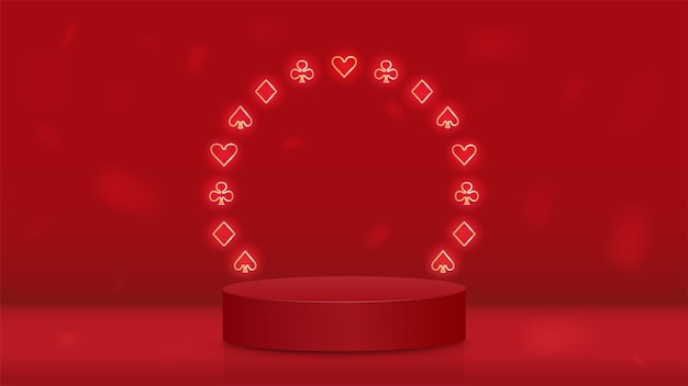 Um pódio vazio com uma moldura de naipes de cartas para espadas de pôquer, diamantes, cruzes e corações um conceito para um cassino em um fundo vermelho