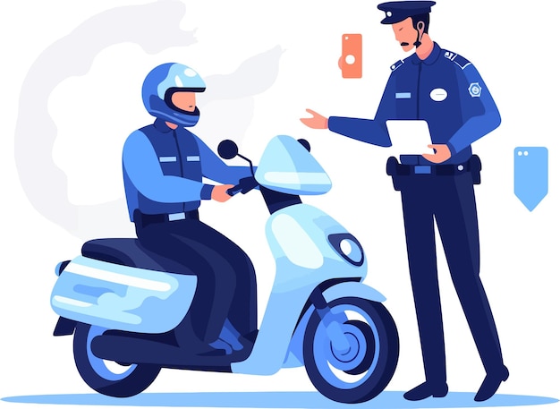 Vetor um policial conversando com um homem em uma scooter