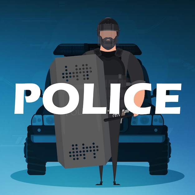 Vetor um policial em um colete à prova de balas na frente de um carro cartaz quadrado estilo cartoon