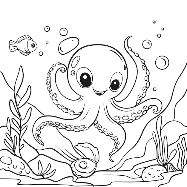 Um polvo está nadando com peixes pequenos debaixo d'água