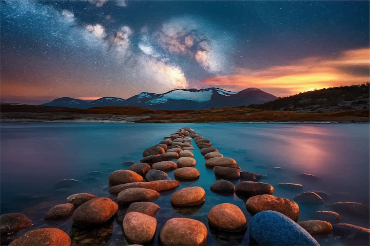 Vetor um pôr-do-sol com montanhas e nuvens ao fundo