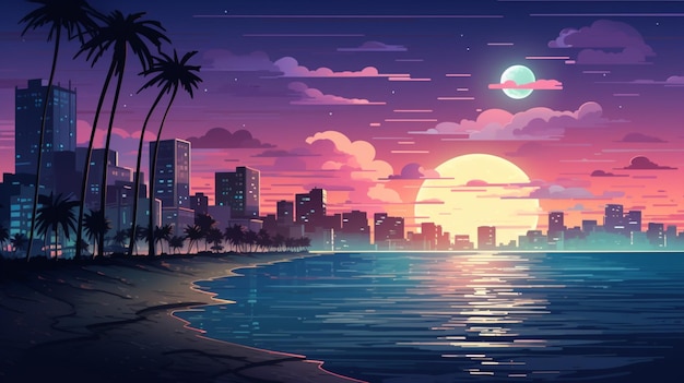 Vetor um pôr-do-sol com uma lua e uma cena de praia