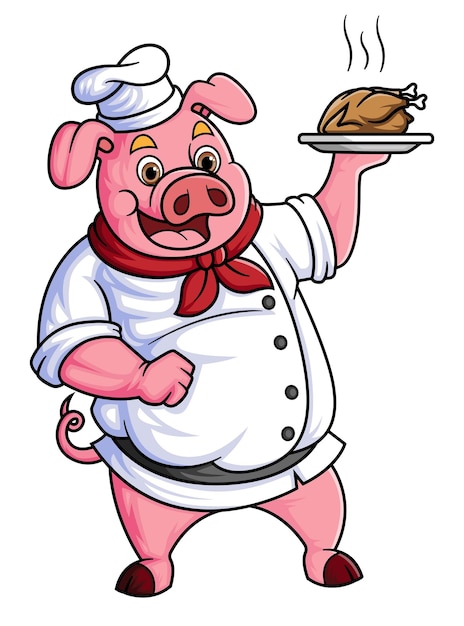 Um porco gordinho de desenho animado trabalhando como chef profissional carregando um prato de frango frito
