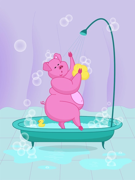 Um porquinho fofo cantando enquanto tomava banho com sabonete. ela gosta de tomar banho com seu brinquedo favorito - o pato.