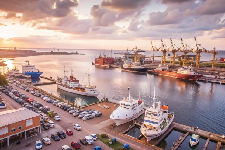 Vetor um porto com muitos barcos e um navio no porto marítimo de água