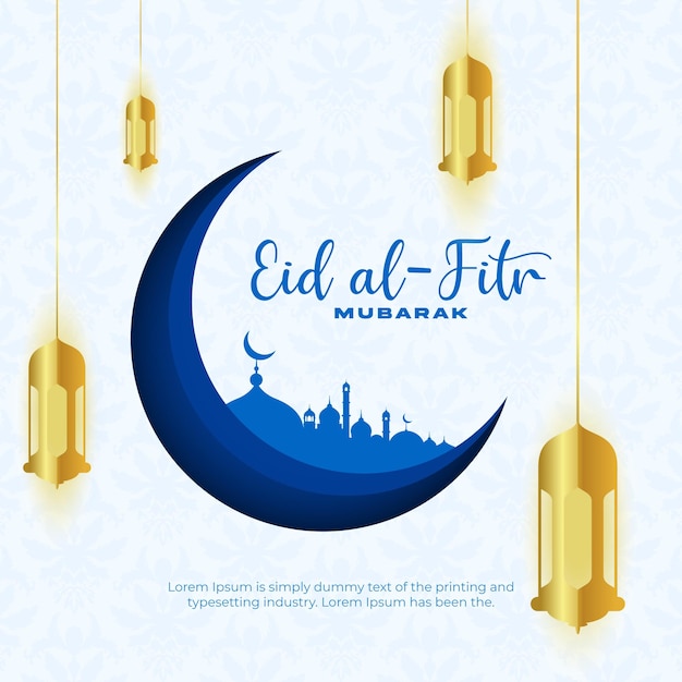 Um pôster azul e dourado para eid al fitr mu mu mu mubarak.