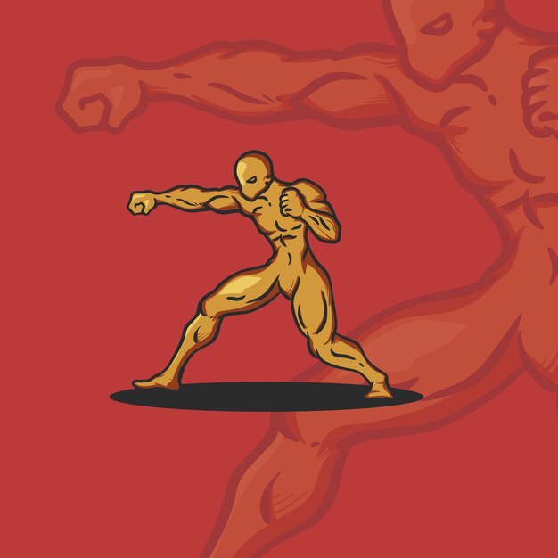 Vetor um pôster vermelho com um homem em uma ilustração de postura de boxe para design de logotipo e camiseta