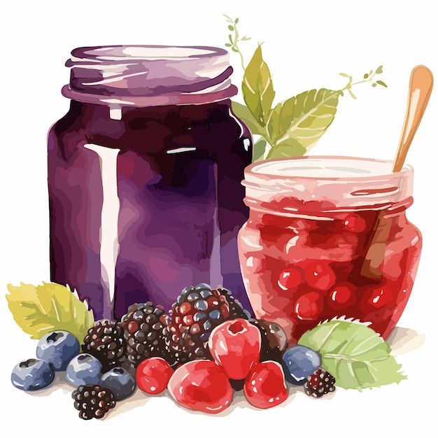 Vetor um pote de geléia de morango com um rótulo branco aquarela berry clipart