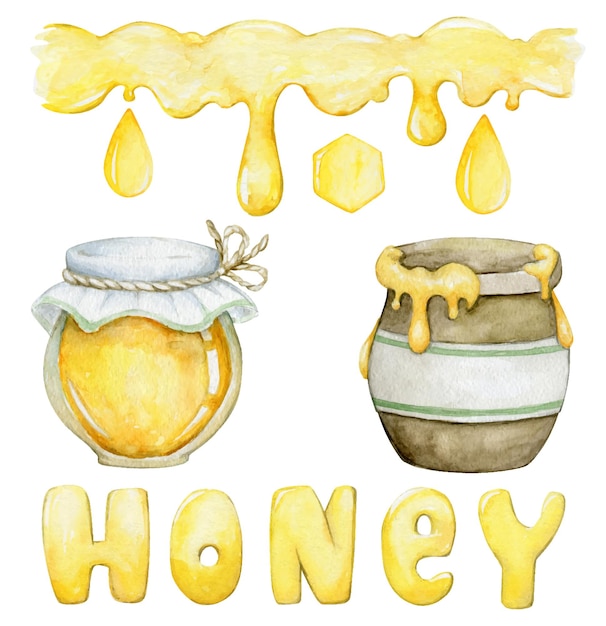 Um pote e um frasco de mel texto mel aquarela conjunto de elementos em um fundo isolado