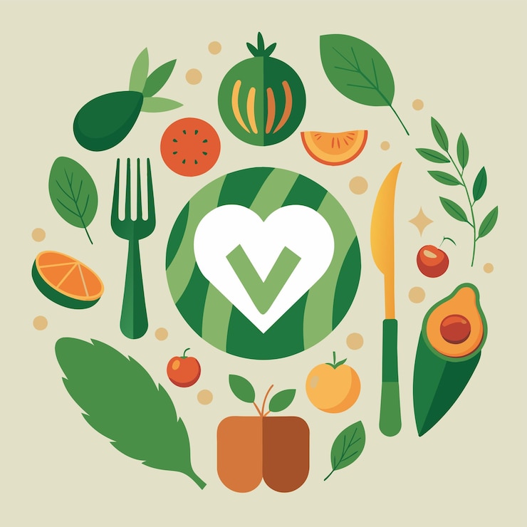 Vetor um prato com um arranjo em forma de coração de frutas e legumes frescos uma sala de jantar minimalista com uma longa mesa elegante e cadeiras de veludo