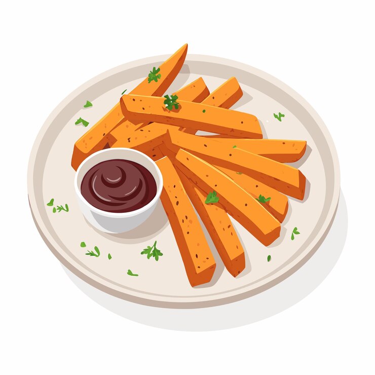 Vetor um prato de batatas fritas fritas de laranja dourada arranjadas em forma de ventilador servido