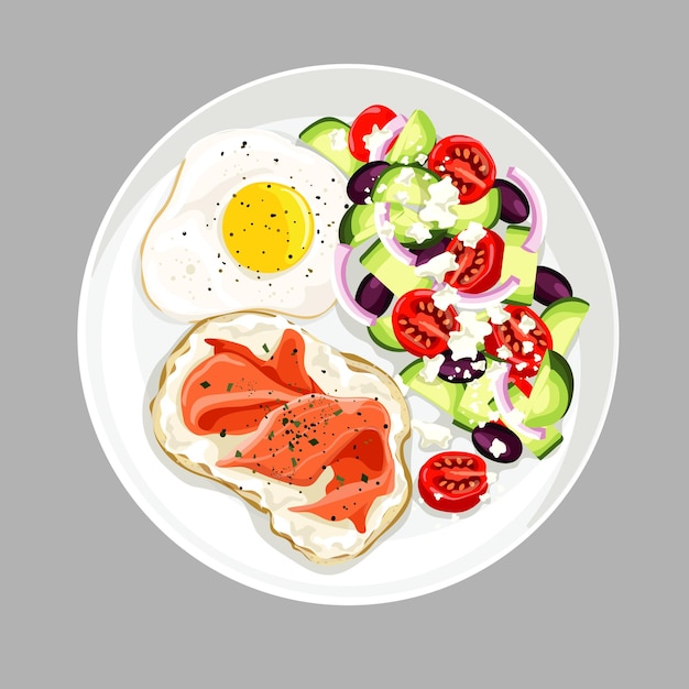 um prato de comida com ovos, tomates e pepino