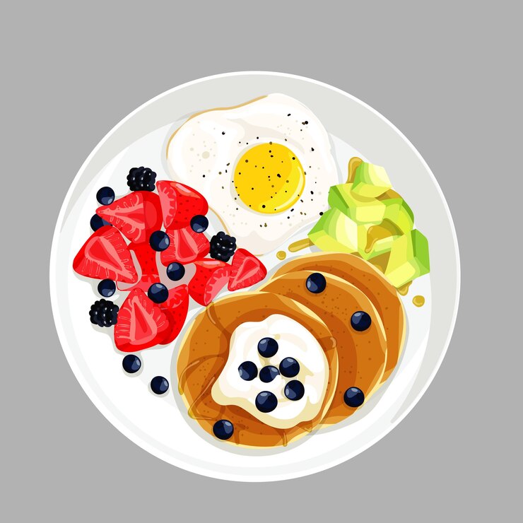 Vetor um prato de comida com um ovo frito e frutas