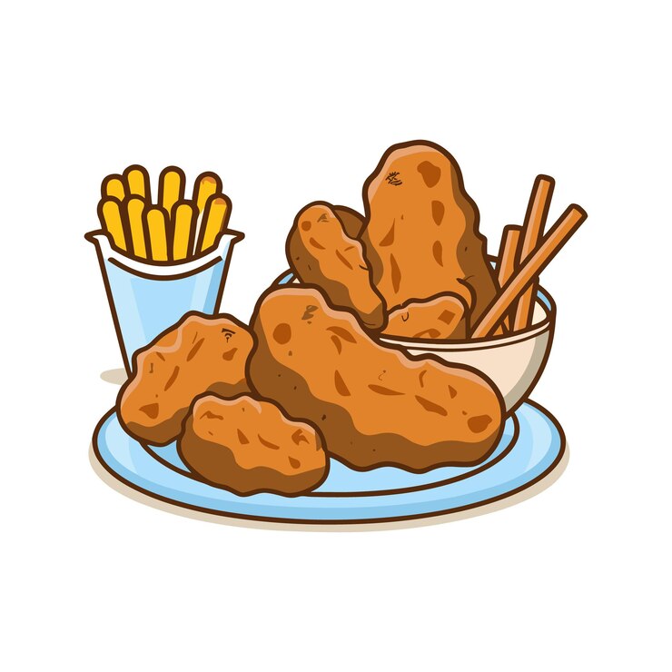 Vetor um prato de comida com uma tigela de frango frito e um recipiente de frango frio