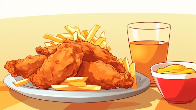 Vetor um prato de frango e batatas fritas ao lado de um copo de cerveja