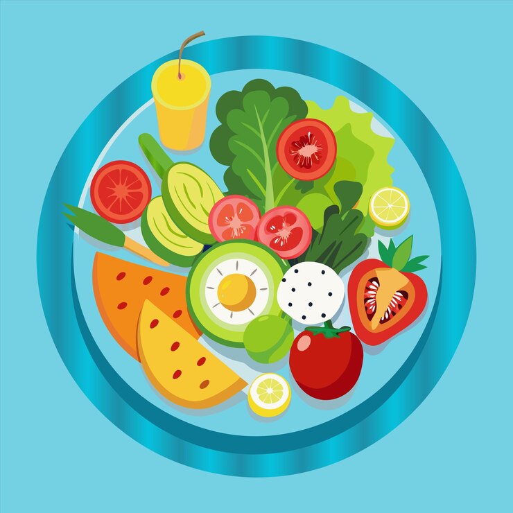 Vetor um prato de frutas e vegetais com uma garrafa de limonada