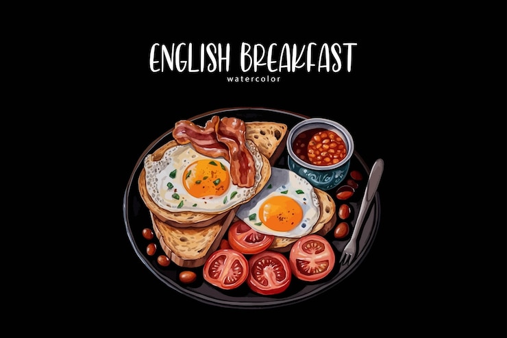 Vetor um prato de pequeno-almoço inglês com feijão torrado, bacon e tomate.
