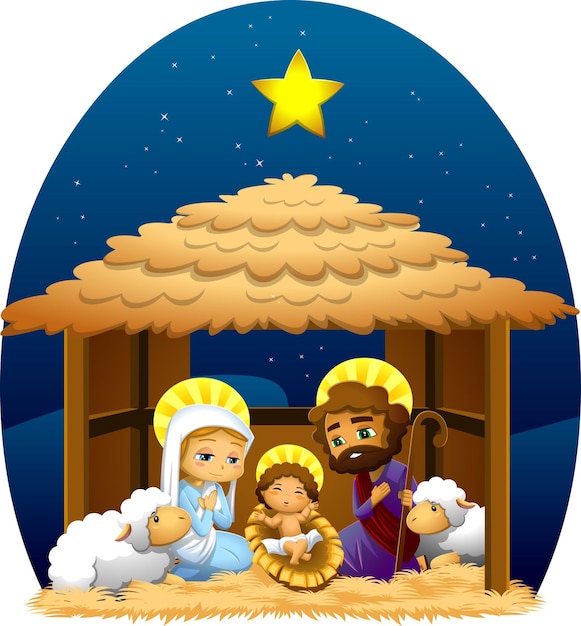 Vetor um presépio de natal com o menino jesus, maria e josé. ilustração vetorial de design plano