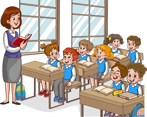 Um professor está lendo um livro em uma sala de aula.