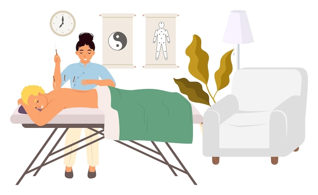 Um profissional de bem-estar aplica acupuntura em um paciente deitado em uma maca em um ambiente tranquilo.