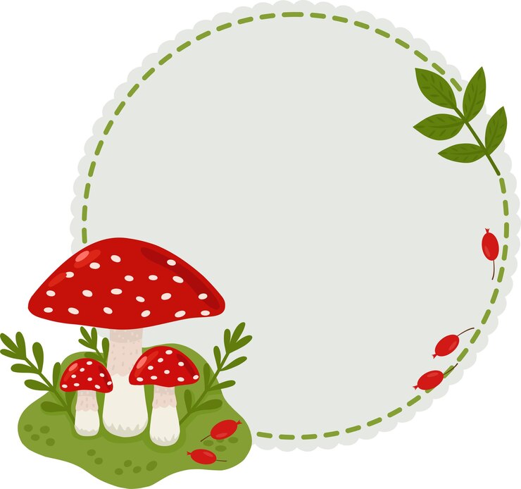 Vetor um quadro com objetos florestais, como plantas de bagas agaric de mosca em um estilo de desenho animado