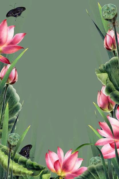 Um quadro de flores de lótus e folhas