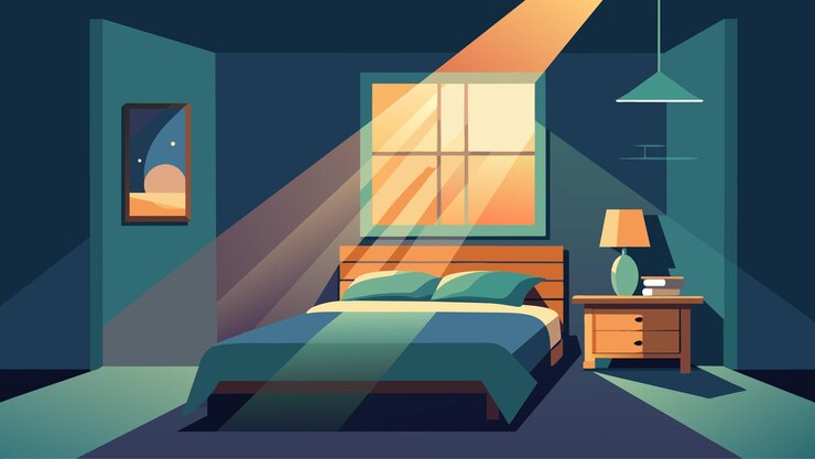 Vetor um quarto aconchegante com a luz do sol fluindo através da janela e lançando sombras esboçado como um tranquilo