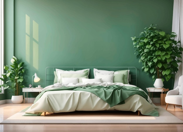 Vetor um quarto com uma parede verde e uma cama com um cobertor branco ilustração vetorial