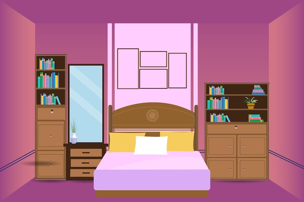 Vetor um quarto roxo com uma cama, um espelho, uma cômoda e uma estante