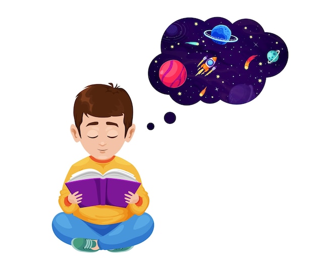 Vetor um rapaz a ler livros e a sonhar com o espaço galáctico.