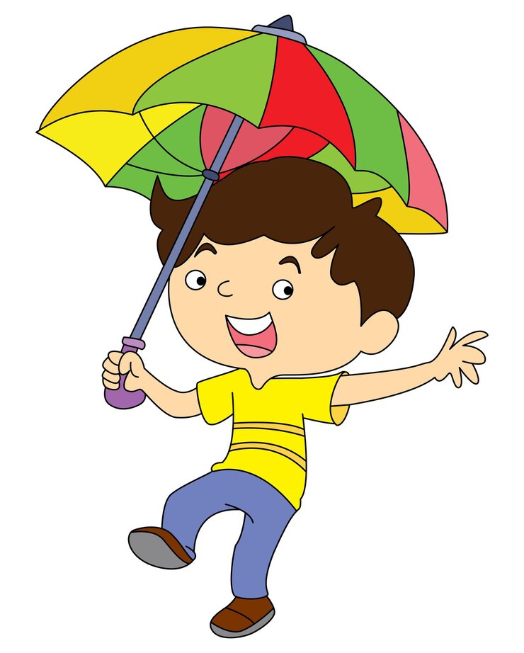 Vetor um rapaz a rir com um guarda-chuva