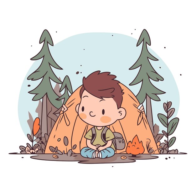 Vetor um rapaz bonito a acampar na floresta ao estilo de desenhos animados.