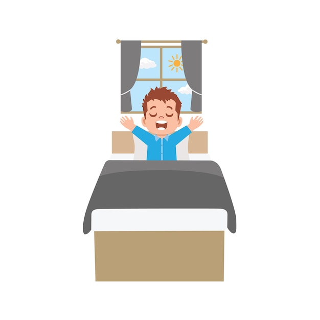 Um rapaz feliz a acordar de manhã a esticar-se na cama.