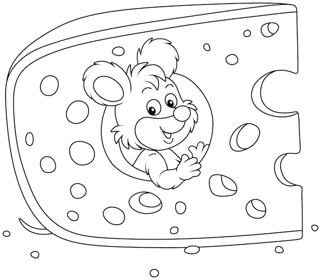 Vetor um rato cinzento engraçado olhando para fora de um buraco roído em um grande pedaço de queijo muito saboroso em uma despensa