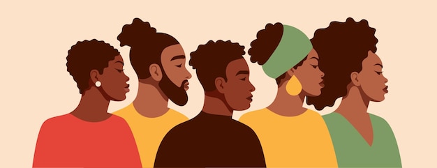 Um retrato de grupo de pessoas negras homens e mulheres afro-americanos mês da história negra cartoon plano