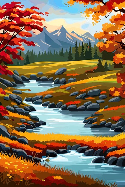Vetor um rio na floresta de outono com montanhas no fundo ilustração vetorial da paisagem sazonal