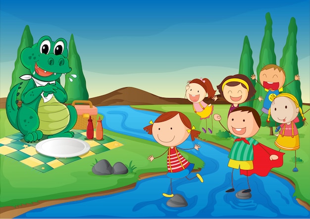 Um rio, um dinossauro e crianças