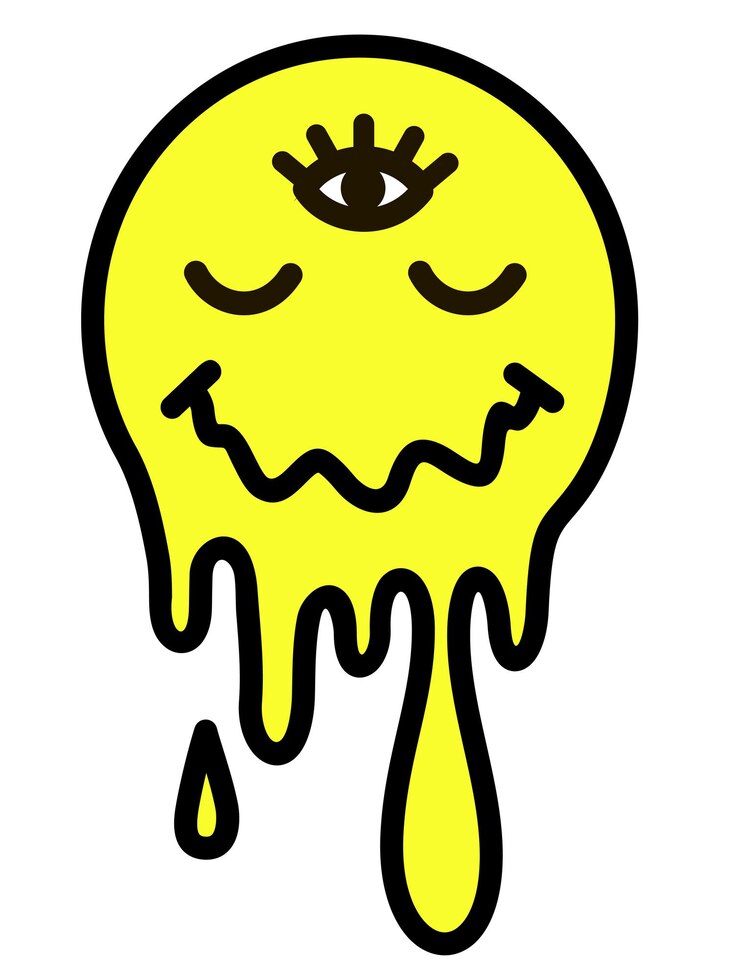 Vetor um rosto com um sorriso e um terceiro olho ícone ilustração de personagem de desenho animado sorriso derretido trippy smiley