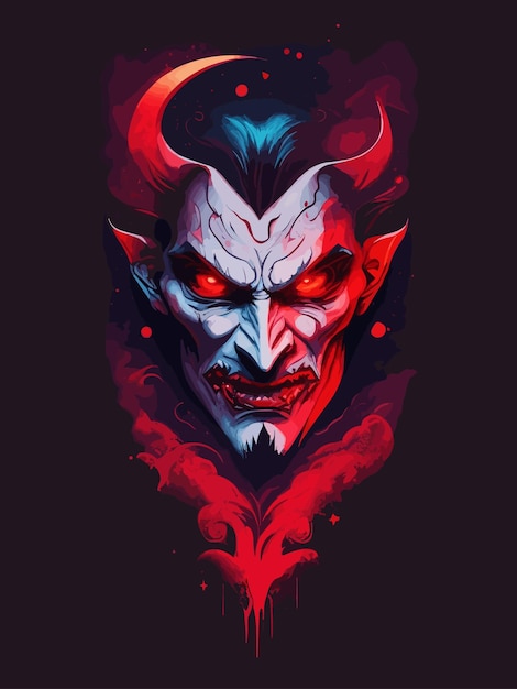 Um rosto de diabo vermelho com olhos azuis e olhos vermelhos.