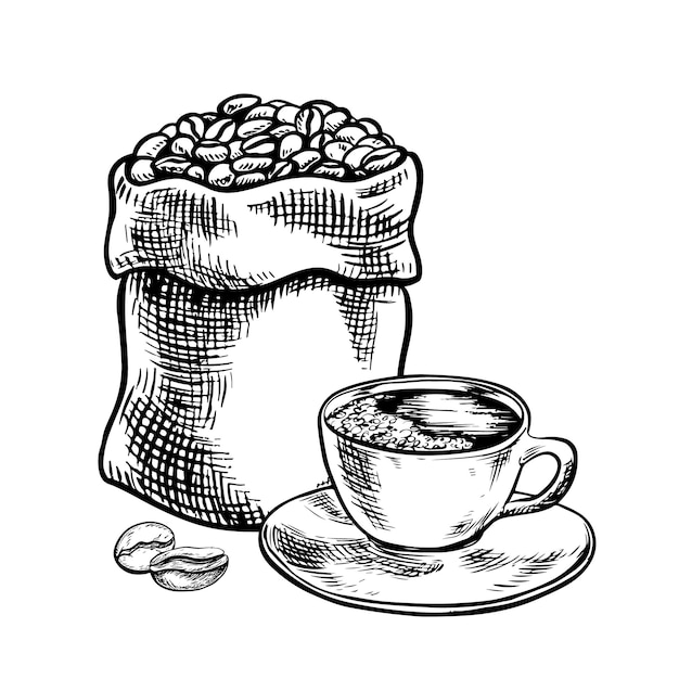 Vetor um saco cheio de grãos de café e uma xícara de café ilustração gráfica vetorial preta e branca