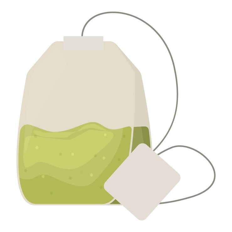 Vetor um saco de chá verde cheio de folhas de chá aromáticas está preparando uma bebida deliciosa