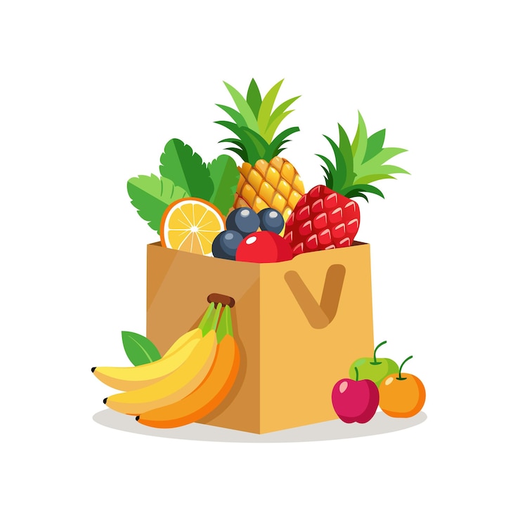 Vetor um saco de frutas com uma banana e um monte de bananas