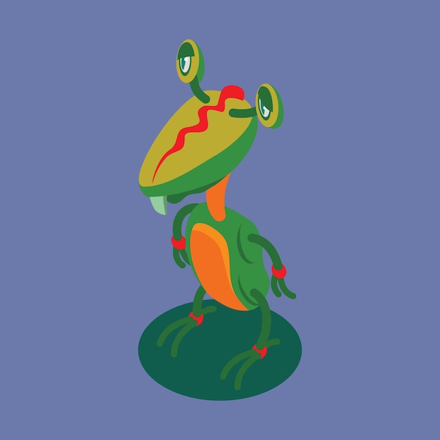 Um sapo de desenho animado com um corpo verde e laranja e um nariz vermelho fica sobre um fundo roxo.