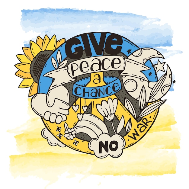 Vetor um símbolo de paz com letras e elementos de doodle um doodle desenhado à mão dê uma chance à paz sem guerra na ucrânia