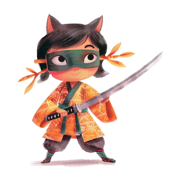 Vetor um simpático samurai com máscara de kitsune e espada katana 3